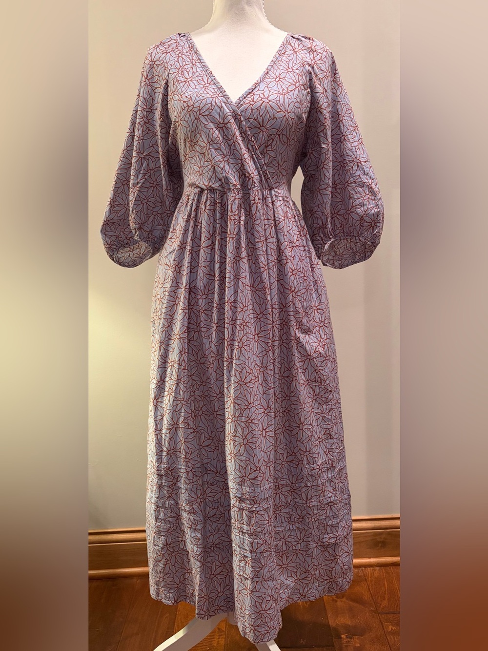 Madewell Floral Faux Wrap Midi Dress Blue Rust Balloon Sleeve Size Sm EUC